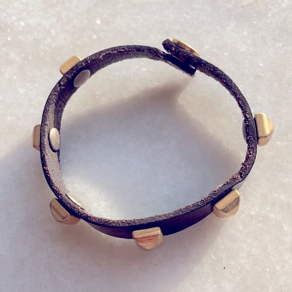 Original Vita Fede Black Leather Gold Rhombus Pyramid Spike Studded Bracelet